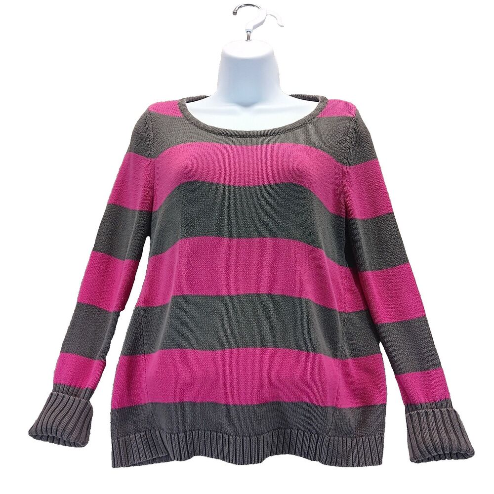 GAP Womens Size M Magenta Gray Striped A-Line Knit Crewneck Sweater Casual Y2K
